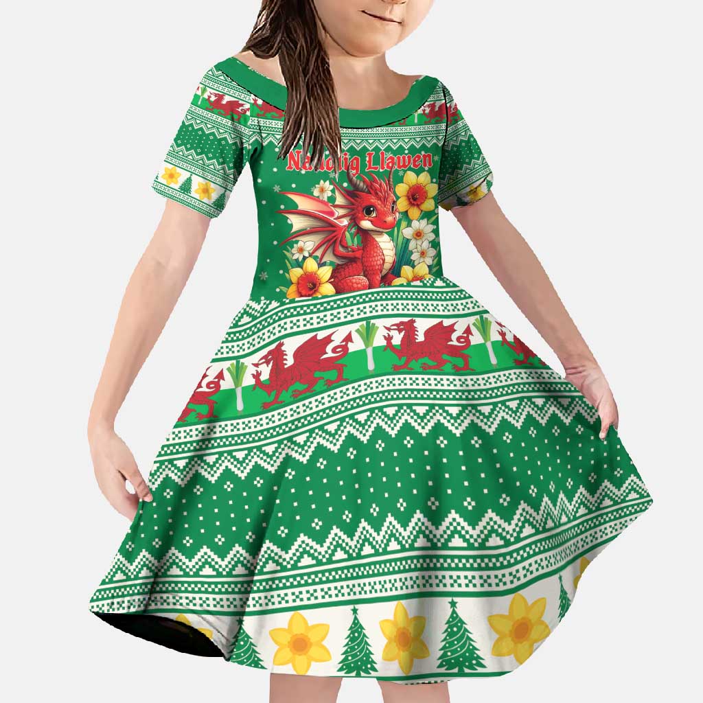 Personalized Wales Christmas Family Matching Off Shoulder Maxi Dress and Hawaiian Shirt Cute Red Welsh Dragon and Daffodils - Wonder Print Shop