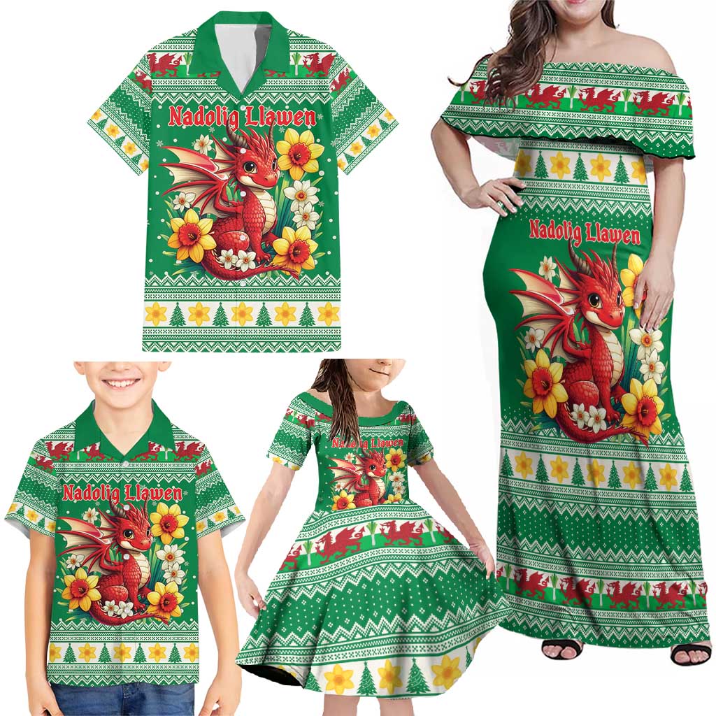 Personalized Wales Christmas Family Matching Off Shoulder Maxi Dress and Hawaiian Shirt Cute Red Welsh Dragon and Daffodils - Wonder Print Shop
