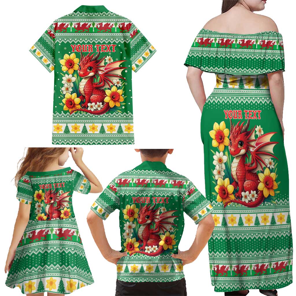 Personalized Wales Christmas Family Matching Off Shoulder Maxi Dress and Hawaiian Shirt Cute Red Welsh Dragon and Daffodils - Wonder Print Shop