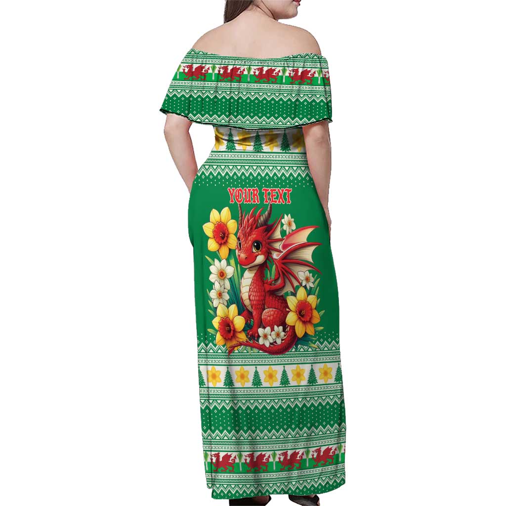 Personalized Wales Christmas Family Matching Off Shoulder Maxi Dress and Hawaiian Shirt Cute Red Welsh Dragon and Daffodils - Wonder Print Shop
