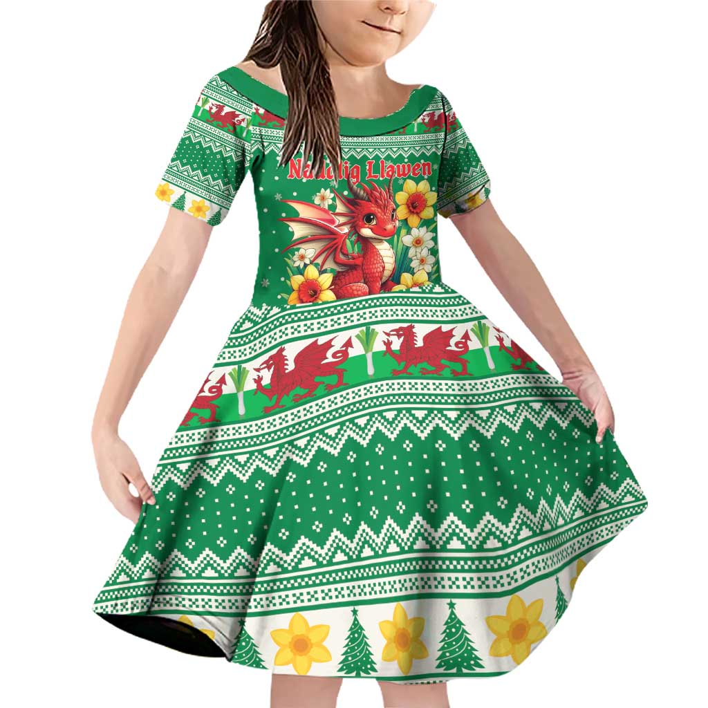 Personalized Wales Christmas Family Matching Off Shoulder Short Dress and Hawaiian Shirt Cute Red Welsh Dragon and Daffodils - Wonder Print Shop