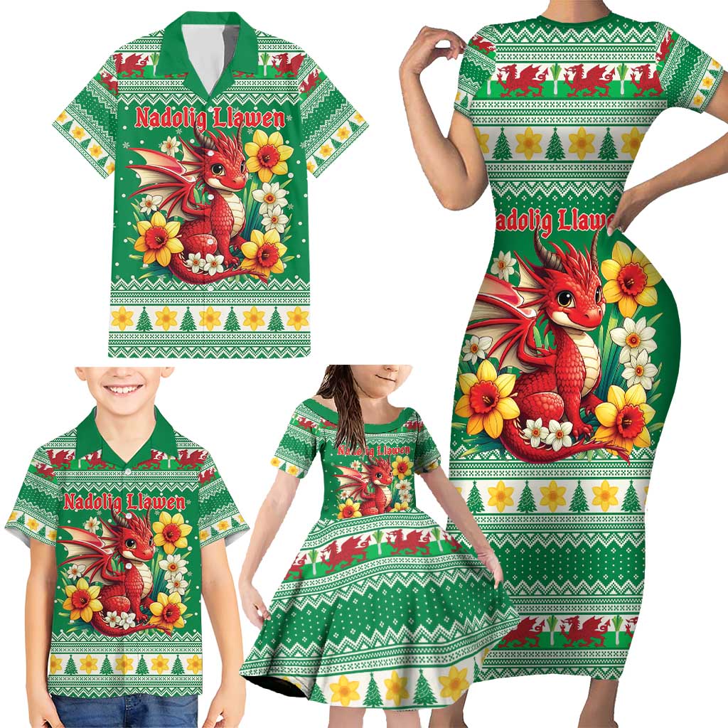 Personalized Wales Christmas Family Matching Short Sleeve Bodycon Dress and Hawaiian Shirt Cute Red Welsh Dragon and Daffodils - Wonder Print Shop