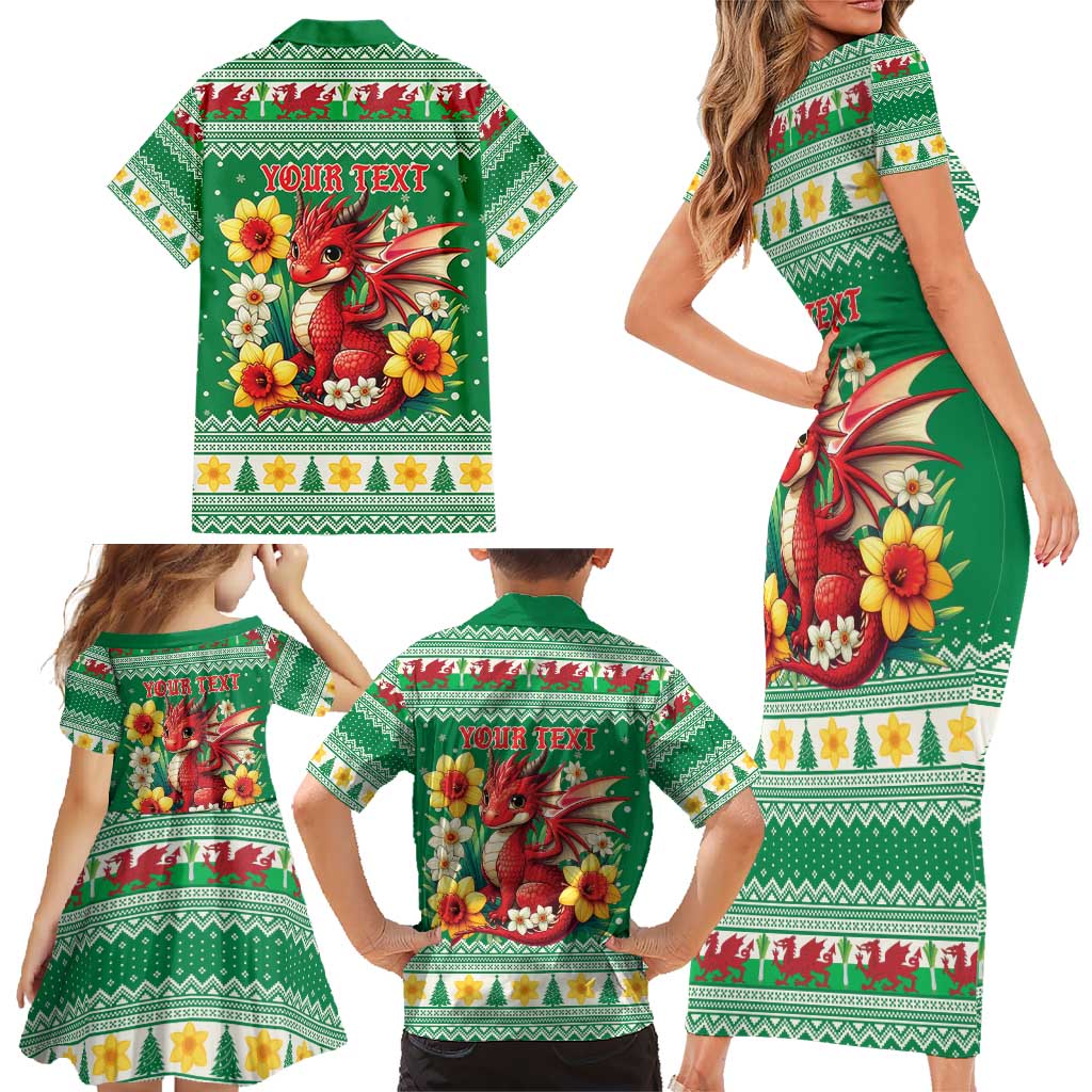 Personalized Wales Christmas Family Matching Short Sleeve Bodycon Dress and Hawaiian Shirt Cute Red Welsh Dragon and Daffodils - Wonder Print Shop