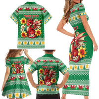Personalized Wales Christmas Family Matching Short Sleeve Bodycon Dress and Hawaiian Shirt Cute Red Welsh Dragon and Daffodils - Wonder Print Shop