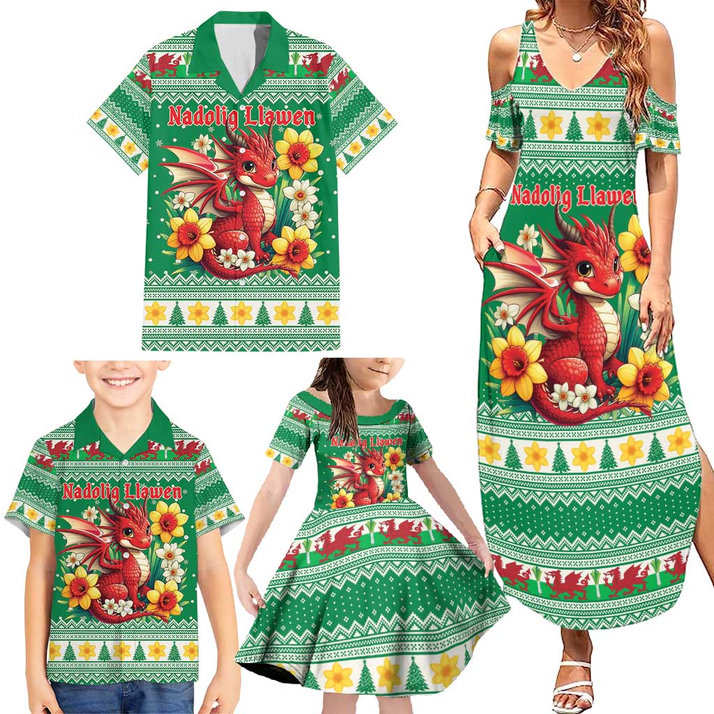 Personalized Wales Christmas Family Matching Summer Maxi Dress and Hawaiian Shirt Cute Red Welsh Dragon and Daffodils - Wonder Print Shop