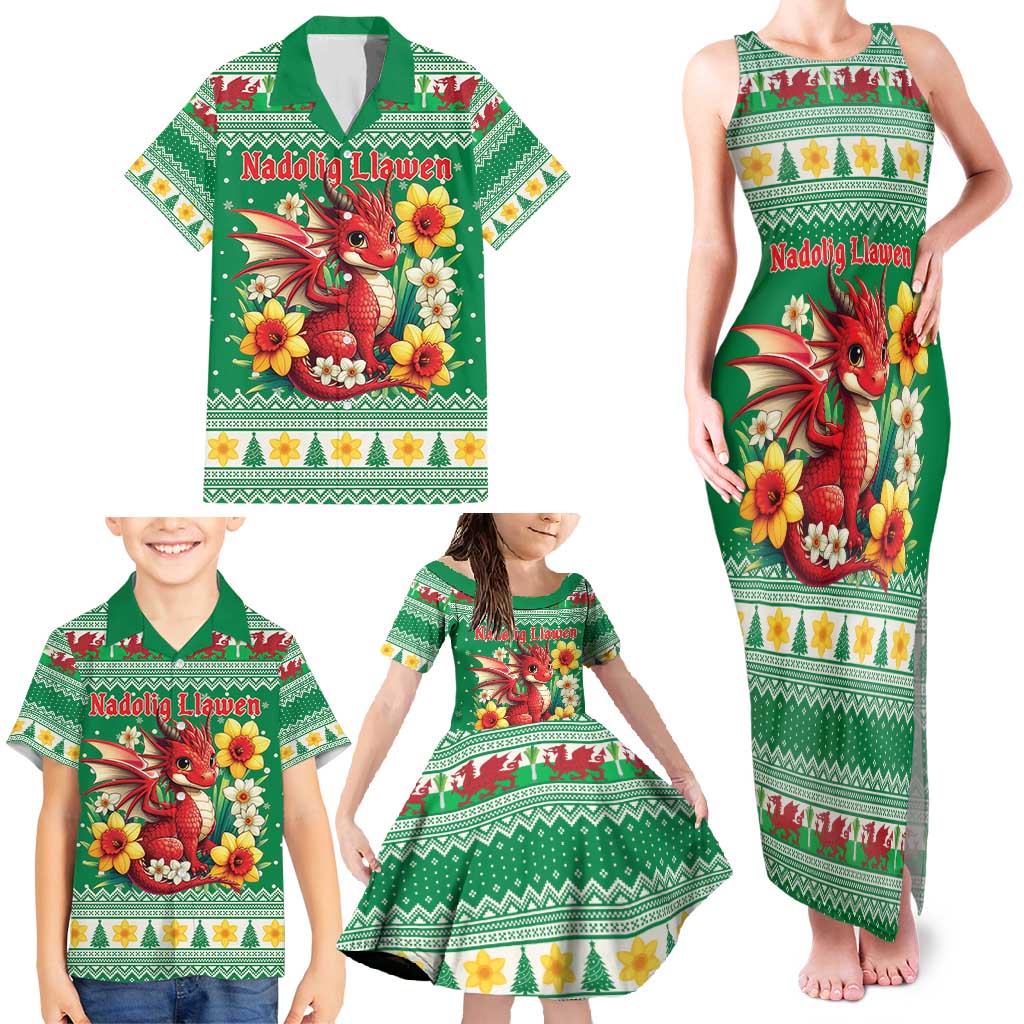 Personalized Wales Christmas Family Matching Tank Maxi Dress and Hawaiian Shirt Cute Red Welsh Dragon and Daffodils - Wonder Print Shop