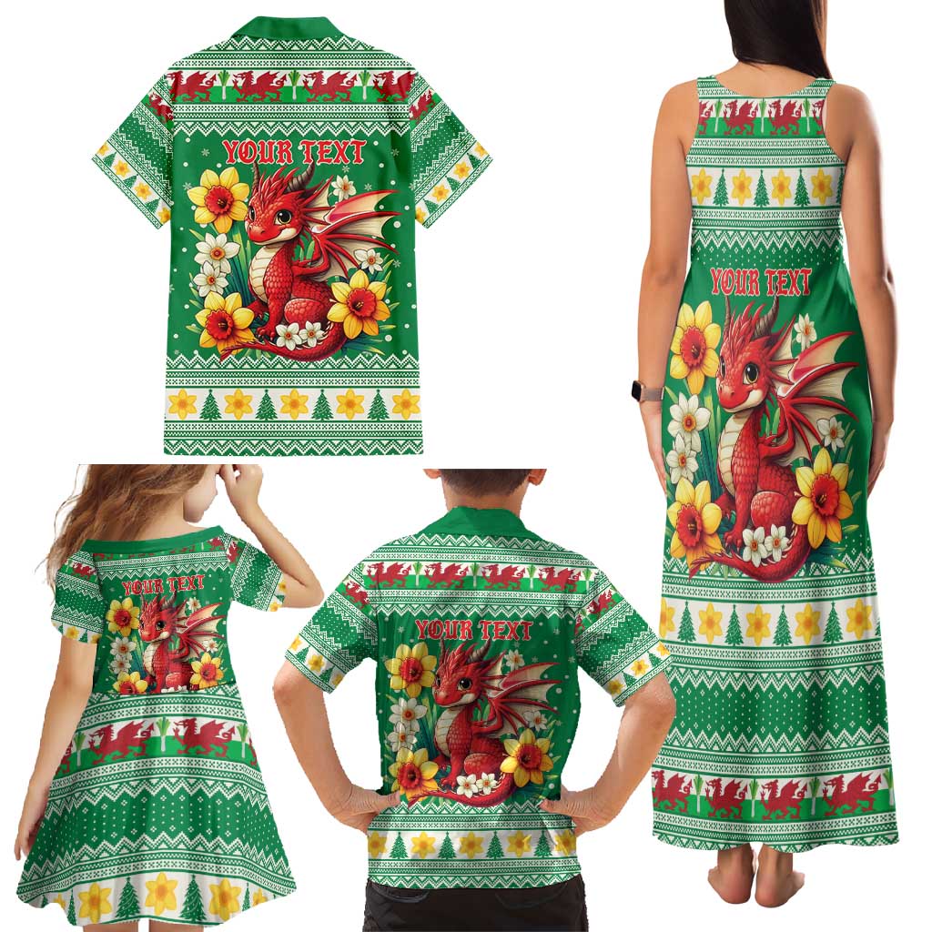 Personalized Wales Christmas Family Matching Tank Maxi Dress and Hawaiian Shirt Cute Red Welsh Dragon and Daffodils - Wonder Print Shop