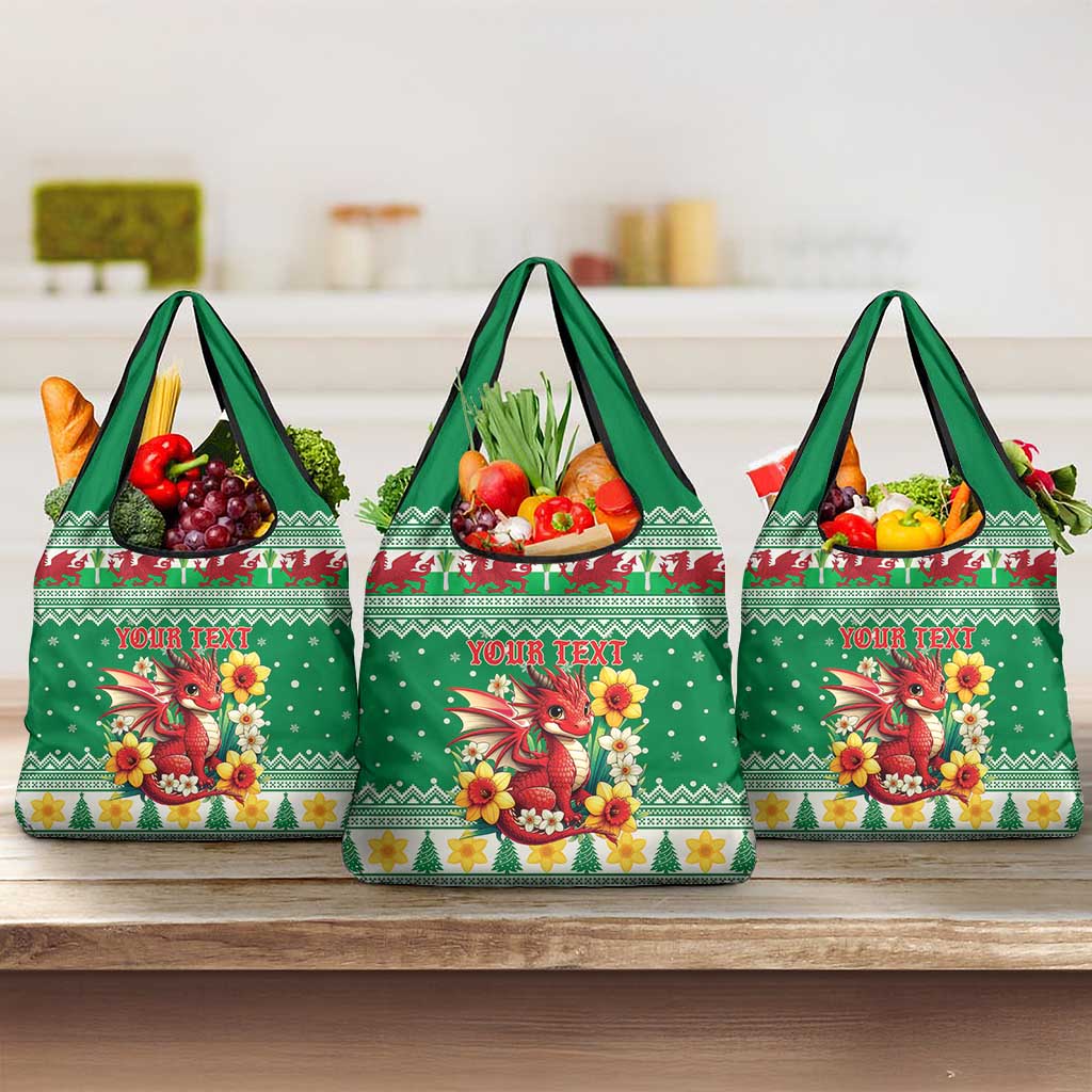 Personalized Wales Christmas Grocery Bag Cute Red Welsh Dragon and Daffodils - Wonder Print Shop