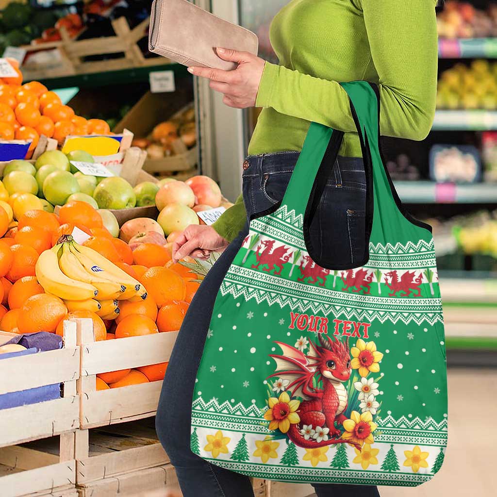 Personalized Wales Christmas Grocery Bag Cute Red Welsh Dragon and Daffodils - Wonder Print Shop