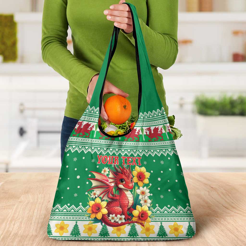 Personalized Wales Christmas Grocery Bag Cute Red Welsh Dragon and Daffodils - Wonder Print Shop