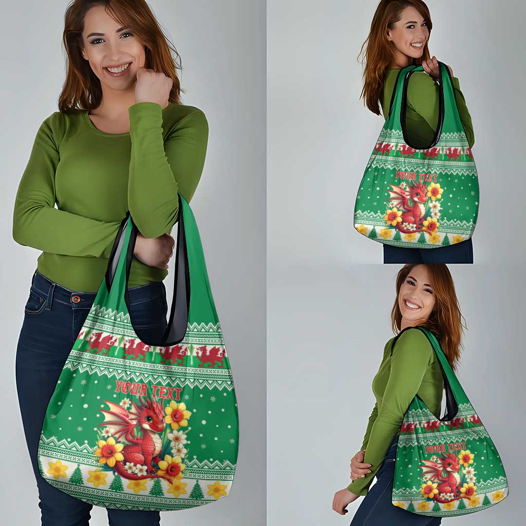 Personalized Wales Christmas Grocery Bag Cute Red Welsh Dragon and Daffodils - Wonder Print Shop