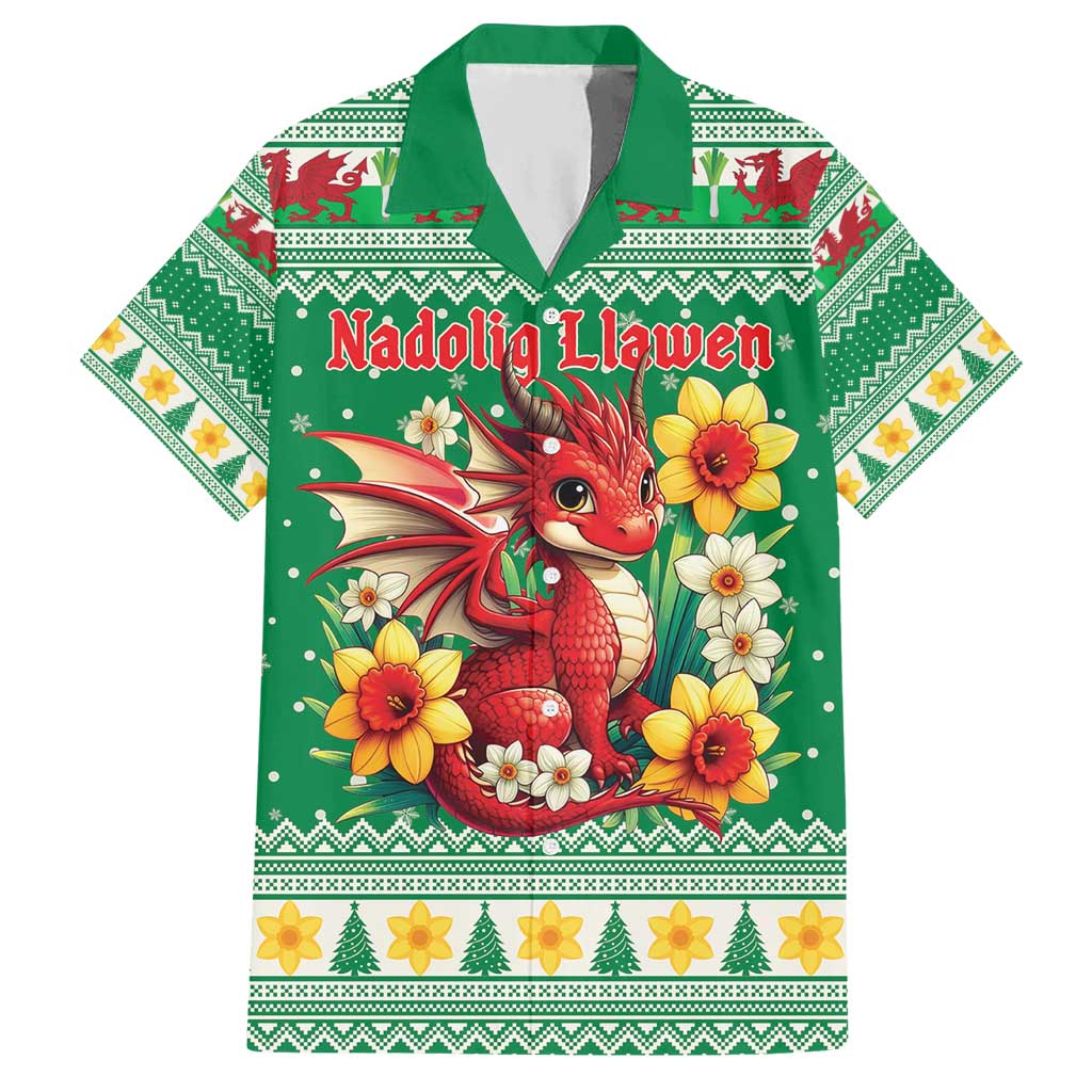 Personalized Wales Christmas Hawaiian Shirt Cute Red Welsh Dragon and Daffodils - Wonder Print Shop