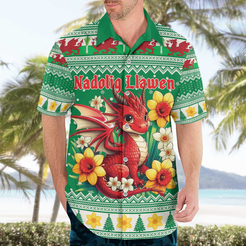 Personalized Wales Christmas Hawaiian Shirt Cute Red Welsh Dragon and Daffodils - Wonder Print Shop