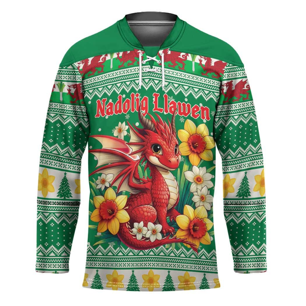 Personalized Wales Christmas Hockey Jersey Cute Red Welsh Dragon and Daffodils - Wonder Print Shop
