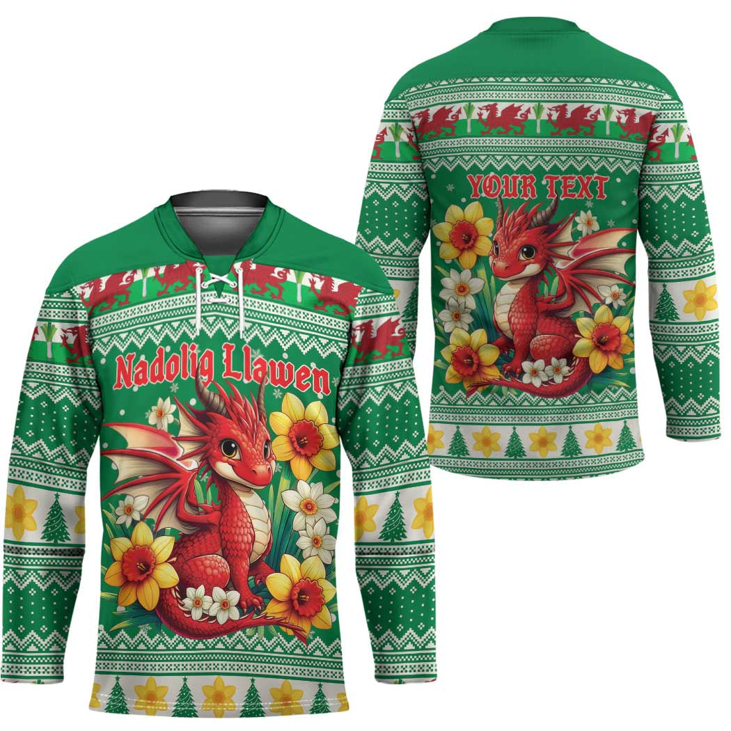 Personalized Wales Christmas Hockey Jersey Cute Red Welsh Dragon and Daffodils - Wonder Print Shop