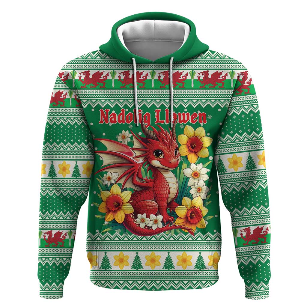 Personalized Wales Christmas Hoodie Cute Red Welsh Dragon and Daffodils - Wonder Print Shop
