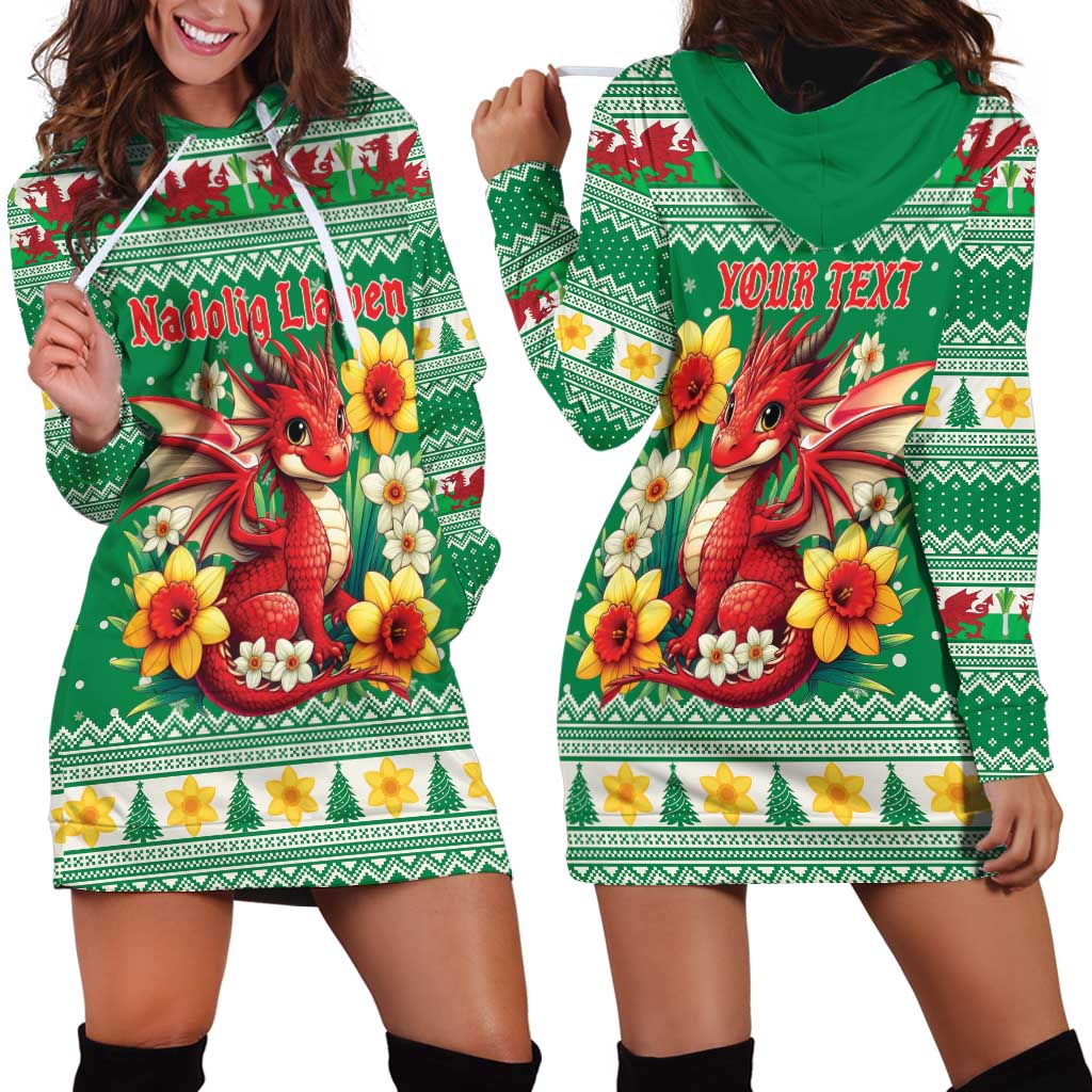 Personalized Wales Christmas Hoodie Dress Cute Red Welsh Dragon and Daffodils - Wonder Print Shop
