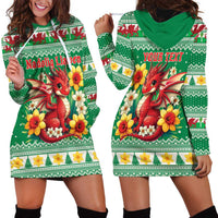 Personalized Wales Christmas Hoodie Dress Cute Red Welsh Dragon and Daffodils - Wonder Print Shop