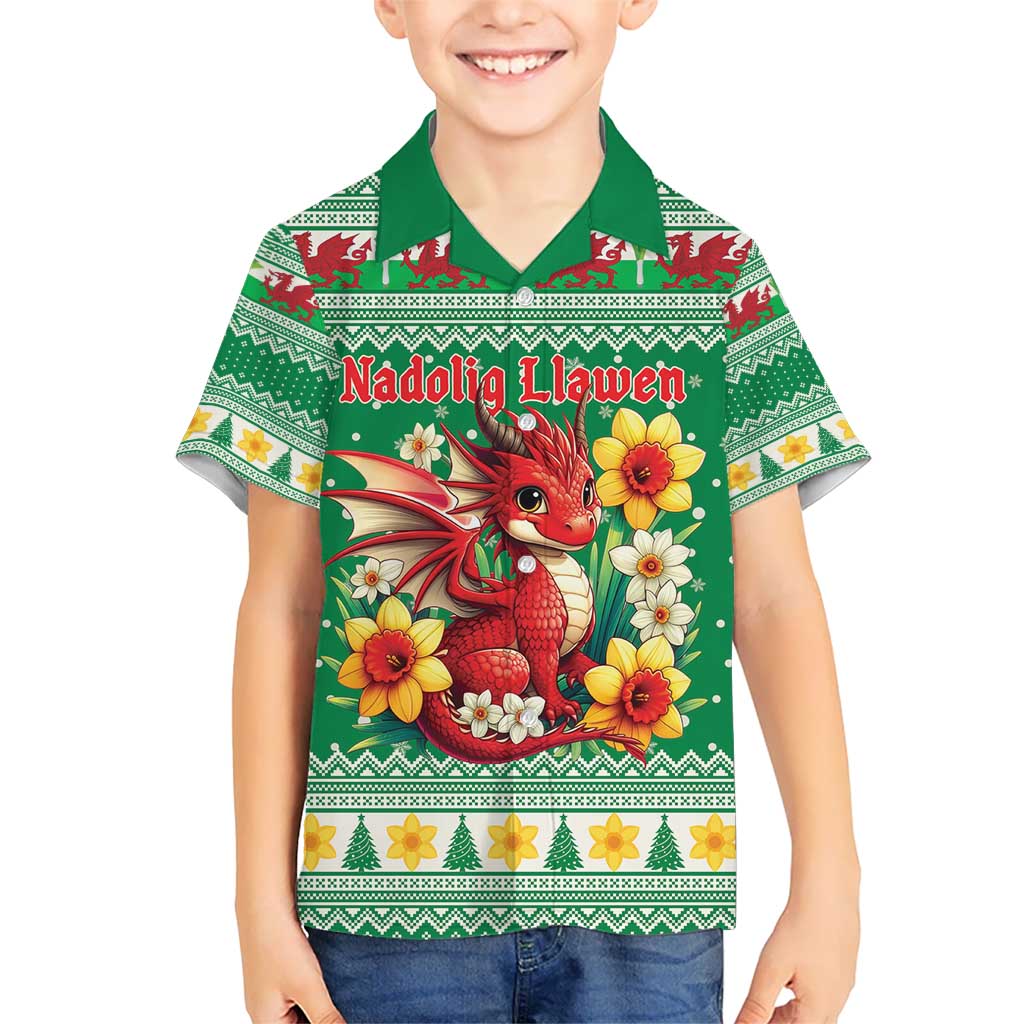 Personalized Wales Christmas Kid Hawaiian Shirt Cute Red Welsh Dragon and Daffodils - Wonder Print Shop