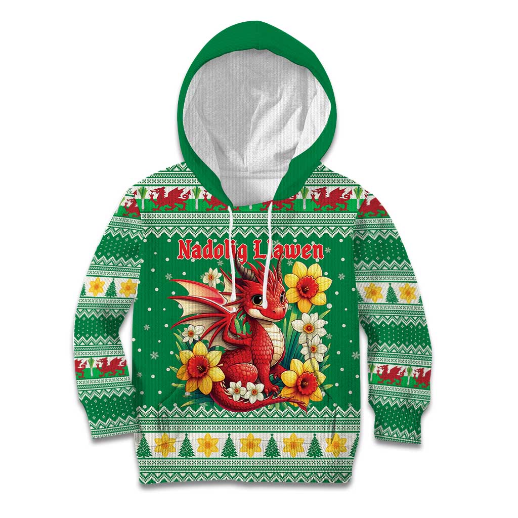 Personalized Wales Christmas Kid Hoodie Cute Red Welsh Dragon and Daffodils - Wonder Print Shop
