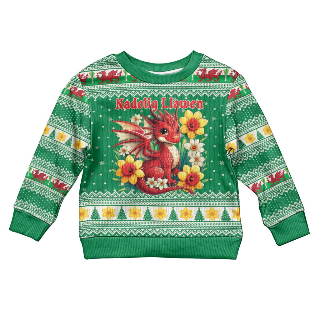 Personalized Wales Christmas Kid Ugly Christmas Sweater Cute Red Welsh Dragon and Daffodils - Wonder Print Shop