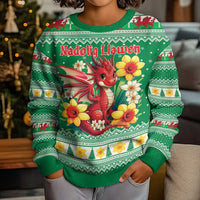 Personalized Wales Christmas Kid Ugly Christmas Sweater Cute Red Welsh Dragon and Daffodils - Wonder Print Shop