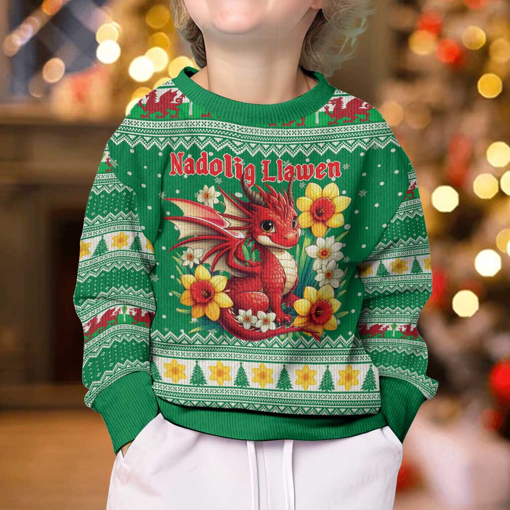 Personalized Wales Christmas Kid Ugly Christmas Sweater Cute Red Welsh Dragon and Daffodils - Wonder Print Shop