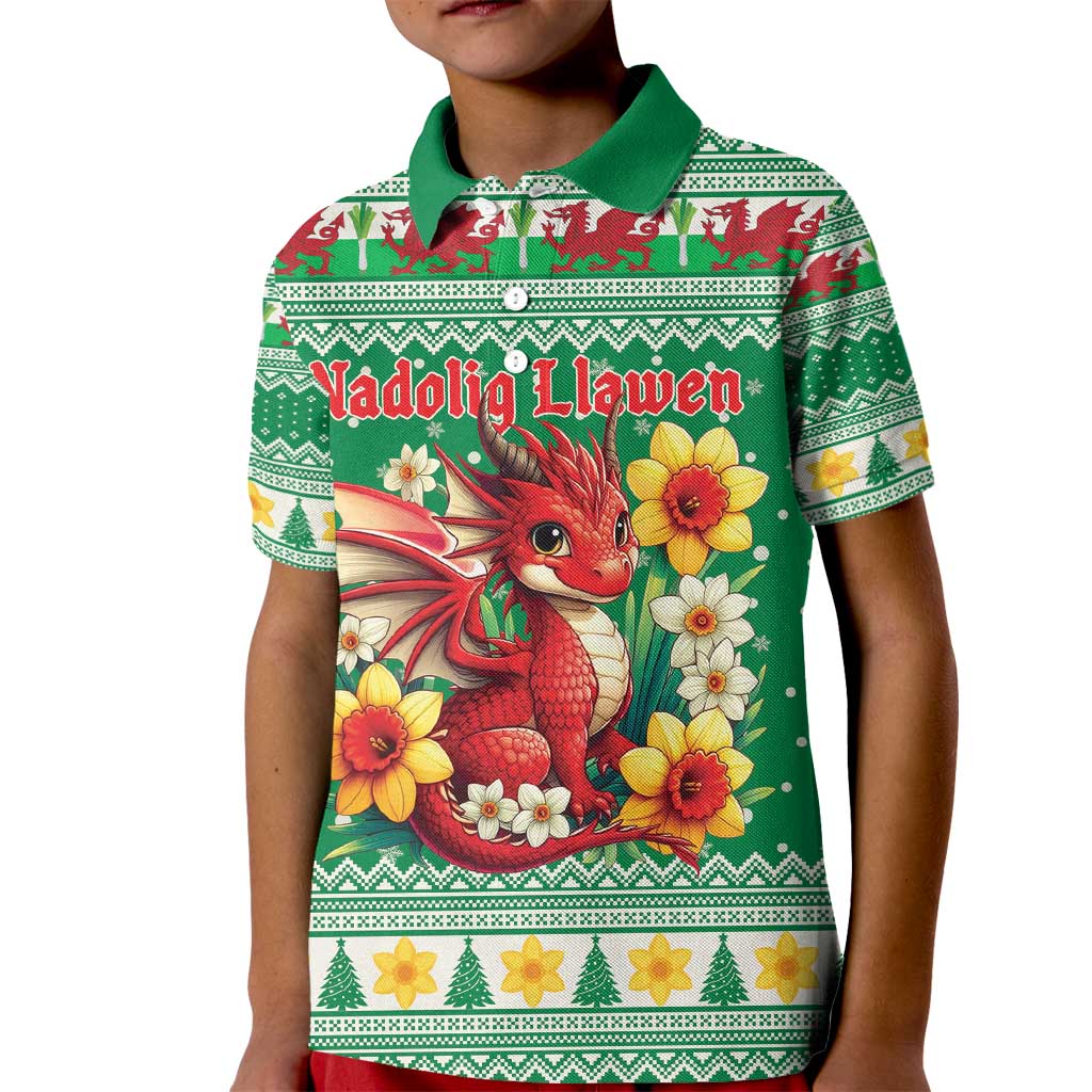Personalized Wales Christmas Kid Polo Shirt Cute Red Welsh Dragon and Daffodils - Wonder Print Shop