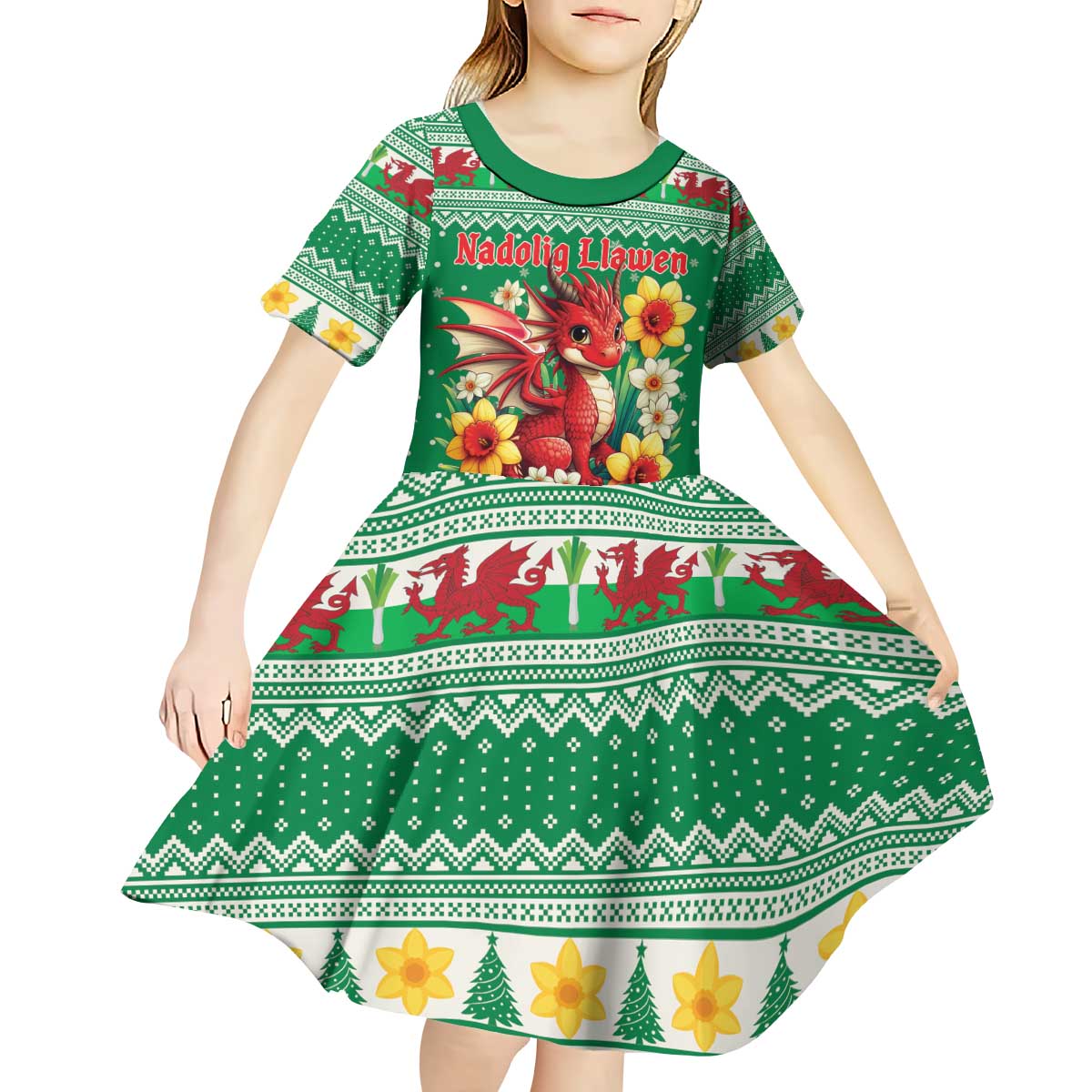 Personalized Wales Christmas Kid Short Sleeve Dress Cute Red Welsh Dragon and Daffodils - Wonder Print Shop