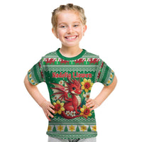 Personalized Wales Christmas Kid T Shirt Cute Red Welsh Dragon and Daffodils - Wonder Print Shop