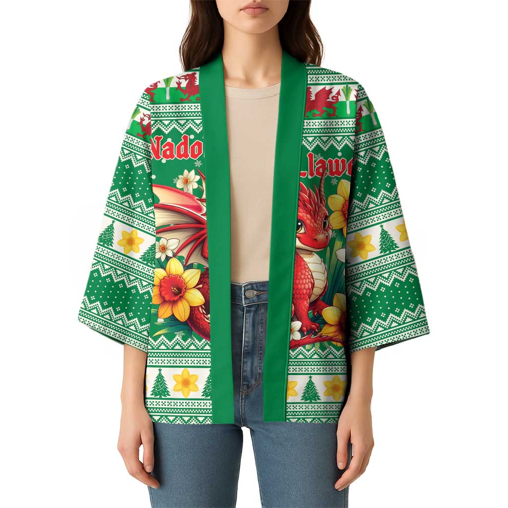 Personalized Wales Christmas Kimono Cute Red Welsh Dragon and Daffodils - Wonder Print Shop