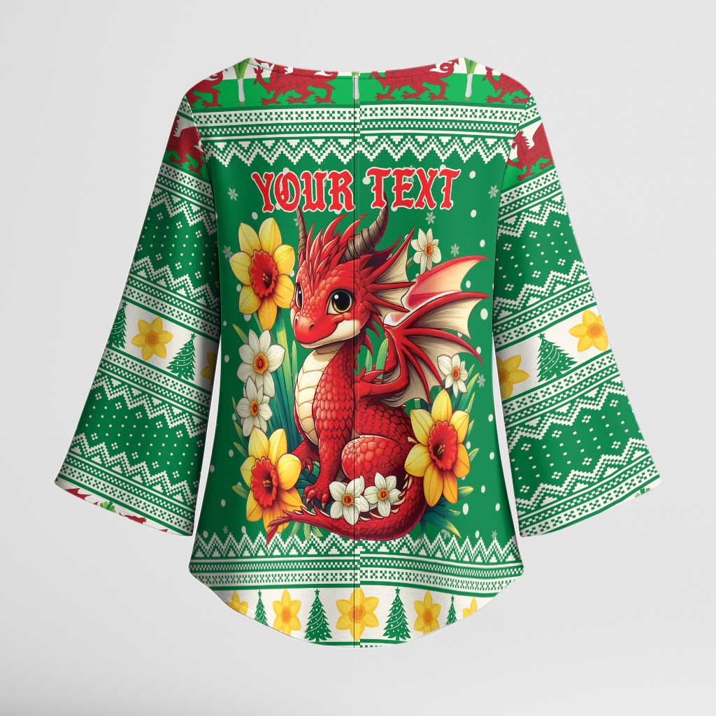 Personalized Wales Christmas Kimono Sleeve Blouse Cute Red Welsh Dragon and Daffodils - Wonder Print Shop