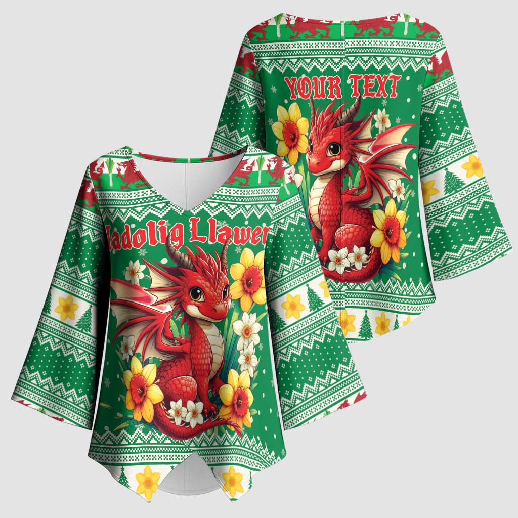 Personalized Wales Christmas Kimono Sleeve Blouse Cute Red Welsh Dragon and Daffodils - Wonder Print Shop