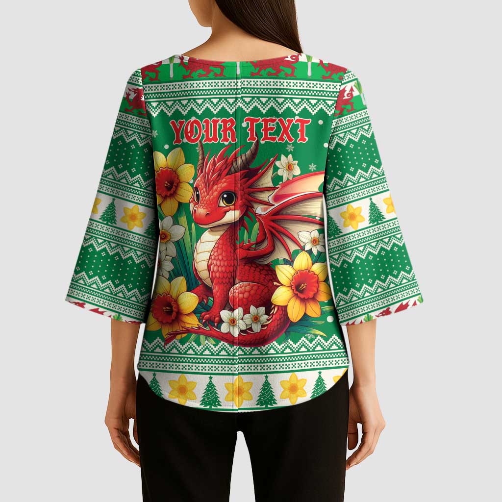 Personalized Wales Christmas Kimono Sleeve Blouse Cute Red Welsh Dragon and Daffodils - Wonder Print Shop