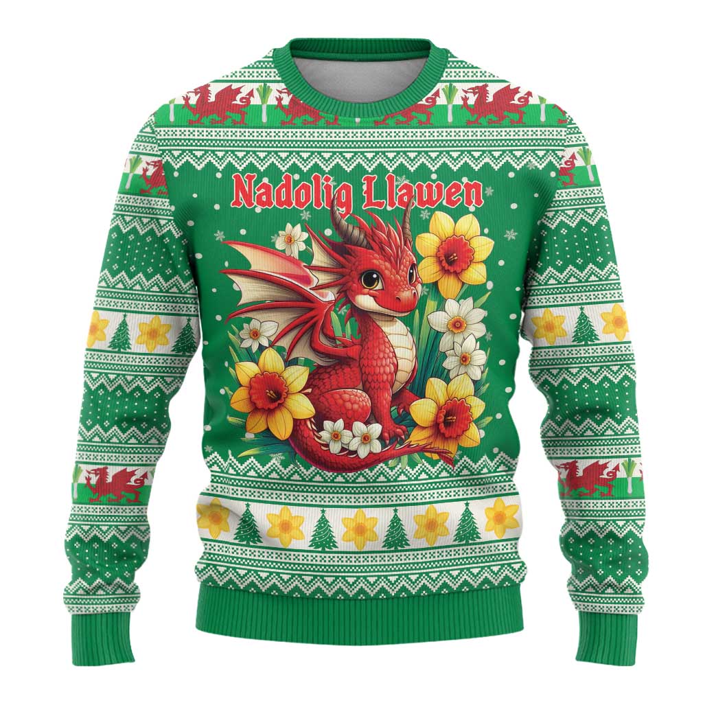 Personalized Wales Christmas Ugly Christmas Sweater Cute Red Welsh Dragon and Daffodils - Wonder Print Shop