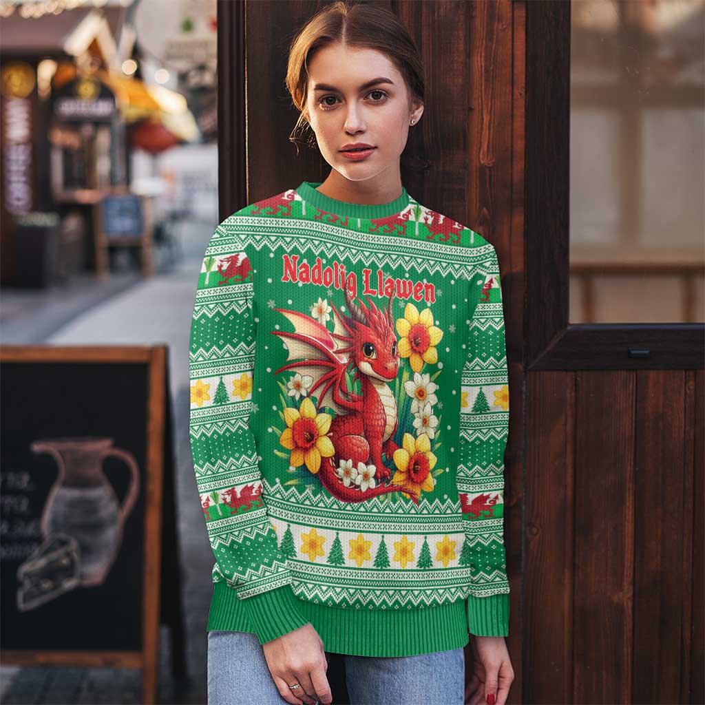 Personalized Wales Christmas Ugly Christmas Sweater Cute Red Welsh Dragon and Daffodils - Wonder Print Shop