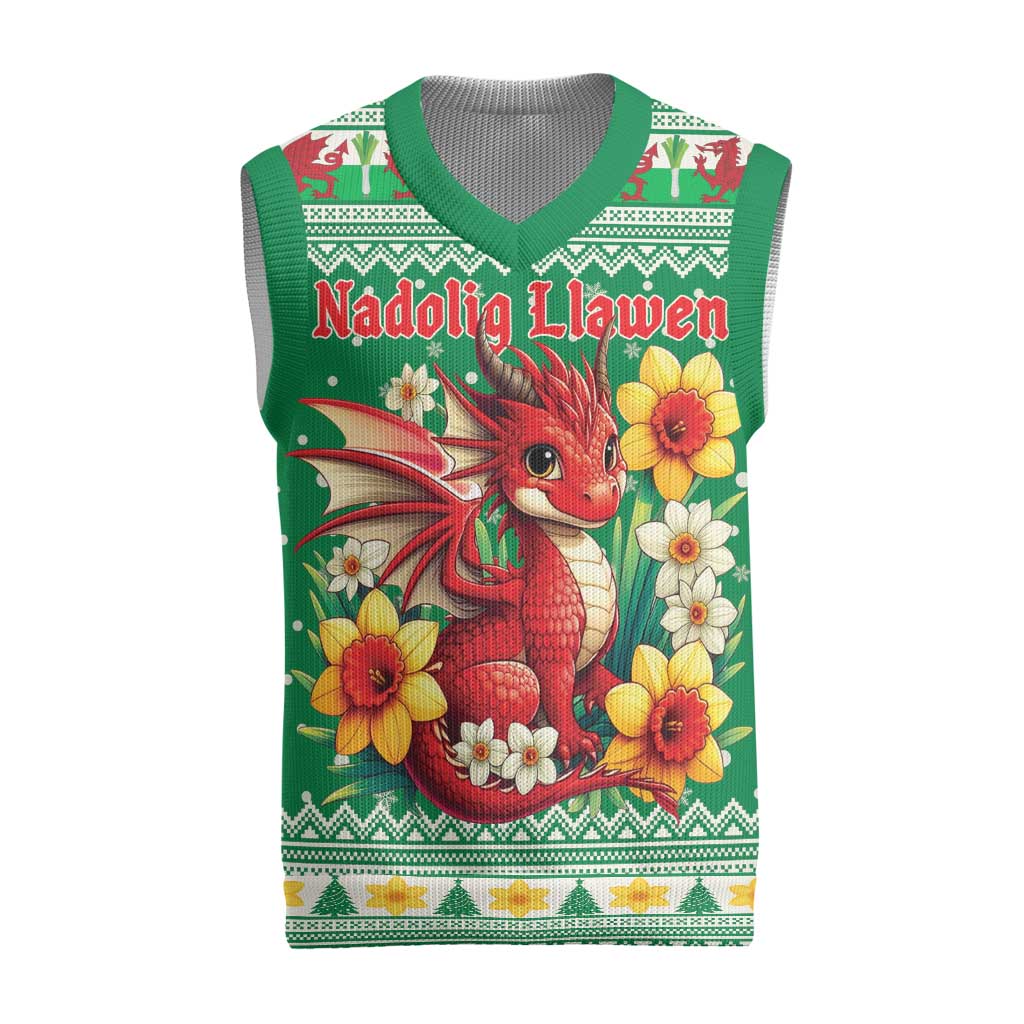 Personalized Wales Christmas Knitted V-Neck Vest Cute Red Welsh Dragon and Daffodils - Wonder Print Shop