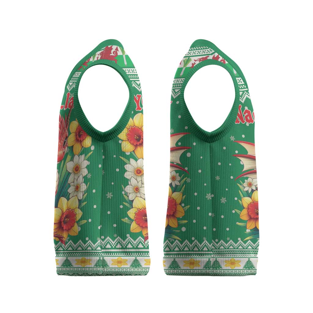 Personalized Wales Christmas Knitted V-Neck Vest Cute Red Welsh Dragon and Daffodils - Wonder Print Shop