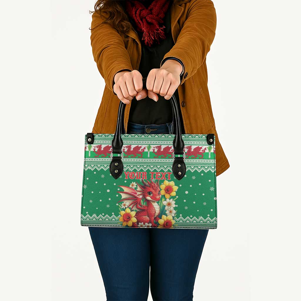 Personalized Wales Christmas Leather Bag Cute Red Welsh Dragon and Daffodils - Wonder Print Shop
