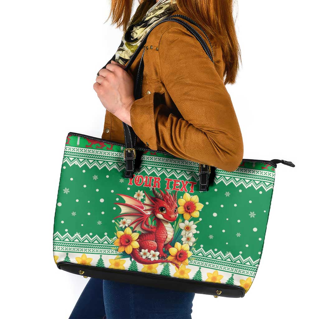Personalized Wales Christmas Leather Tote Bag Cute Red Welsh Dragon and Daffodils - Wonder Print Shop
