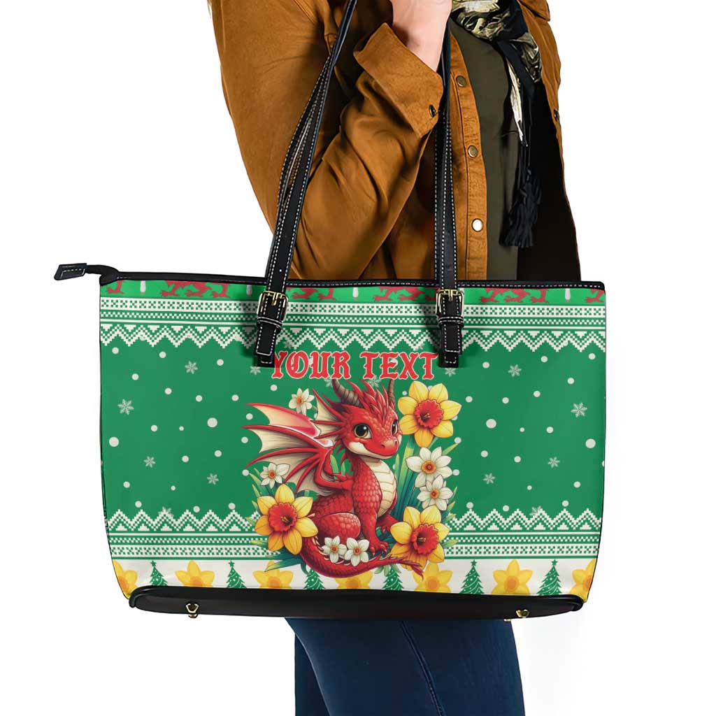 Personalized Wales Christmas Leather Tote Bag Cute Red Welsh Dragon and Daffodils - Wonder Print Shop