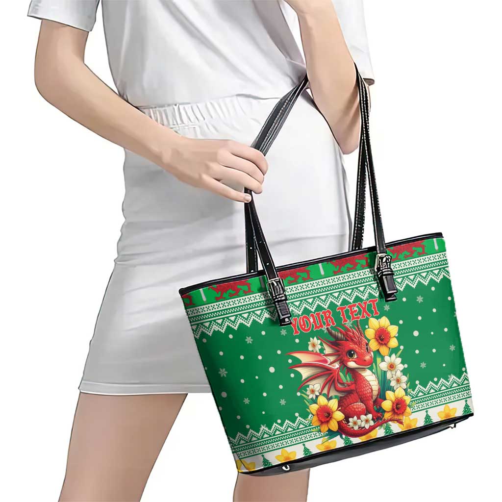 Personalized Wales Christmas Leather Tote Bag Cute Red Welsh Dragon and Daffodils - Wonder Print Shop