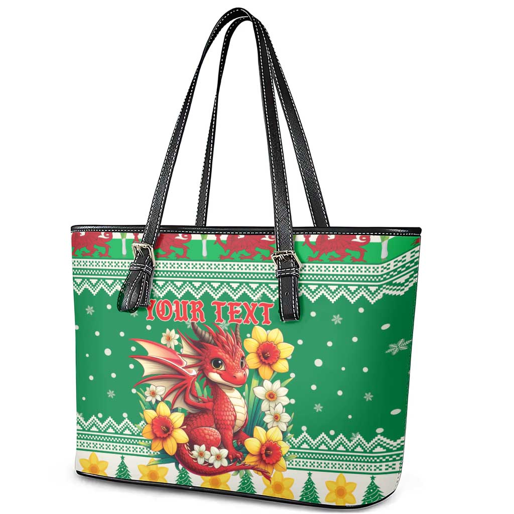 Personalized Wales Christmas Leather Tote Bag Cute Red Welsh Dragon and Daffodils - Wonder Print Shop