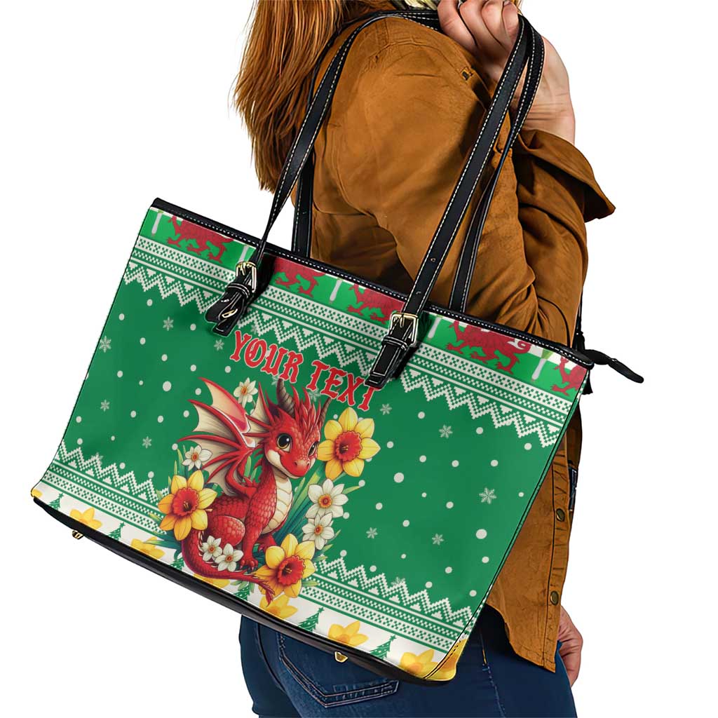 Personalized Wales Christmas Leather Tote Bag Cute Red Welsh Dragon and Daffodils - Wonder Print Shop