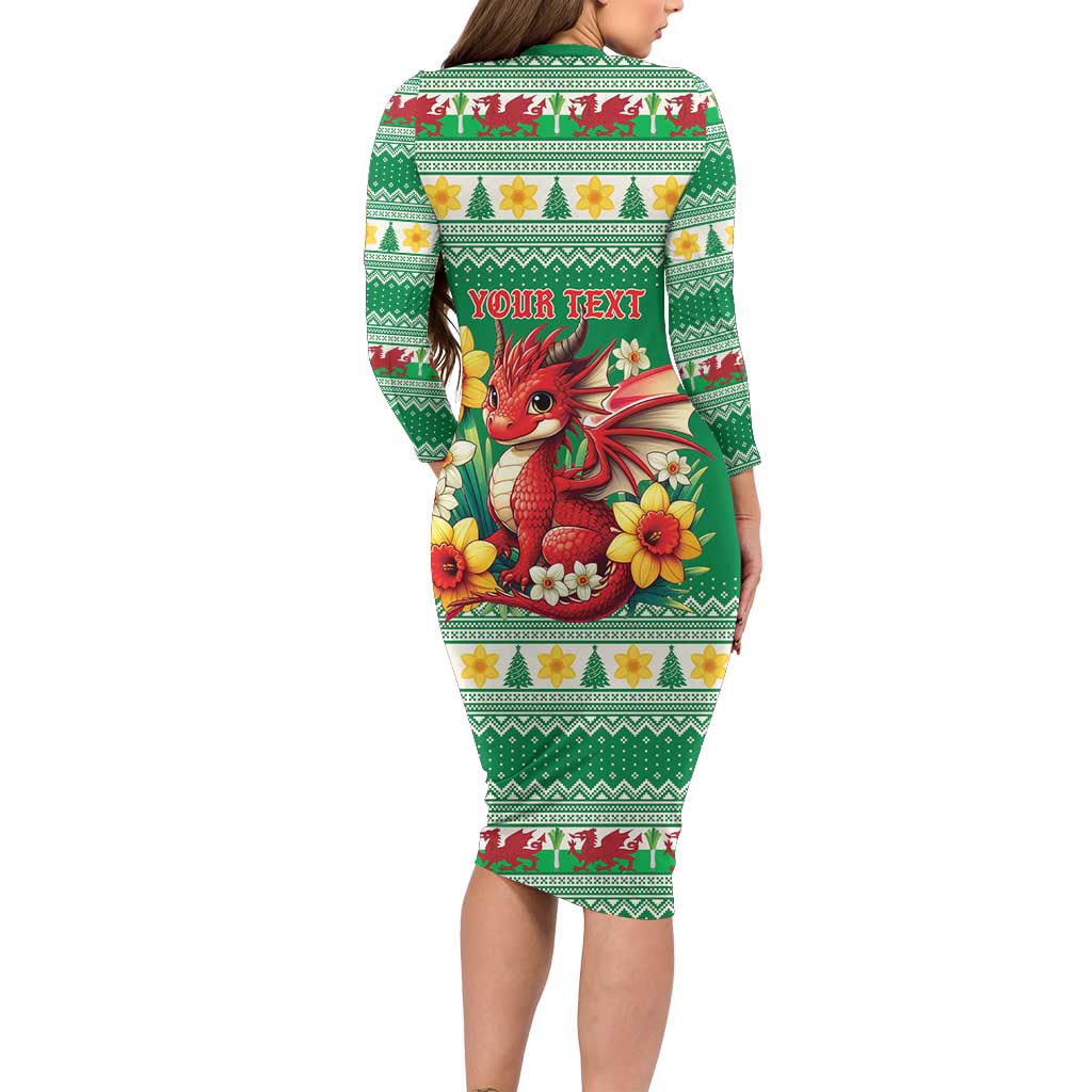 Personalized Wales Christmas Long Sleeve Bodycon Dress Cute Red Welsh Dragon and Daffodils - Wonder Print Shop