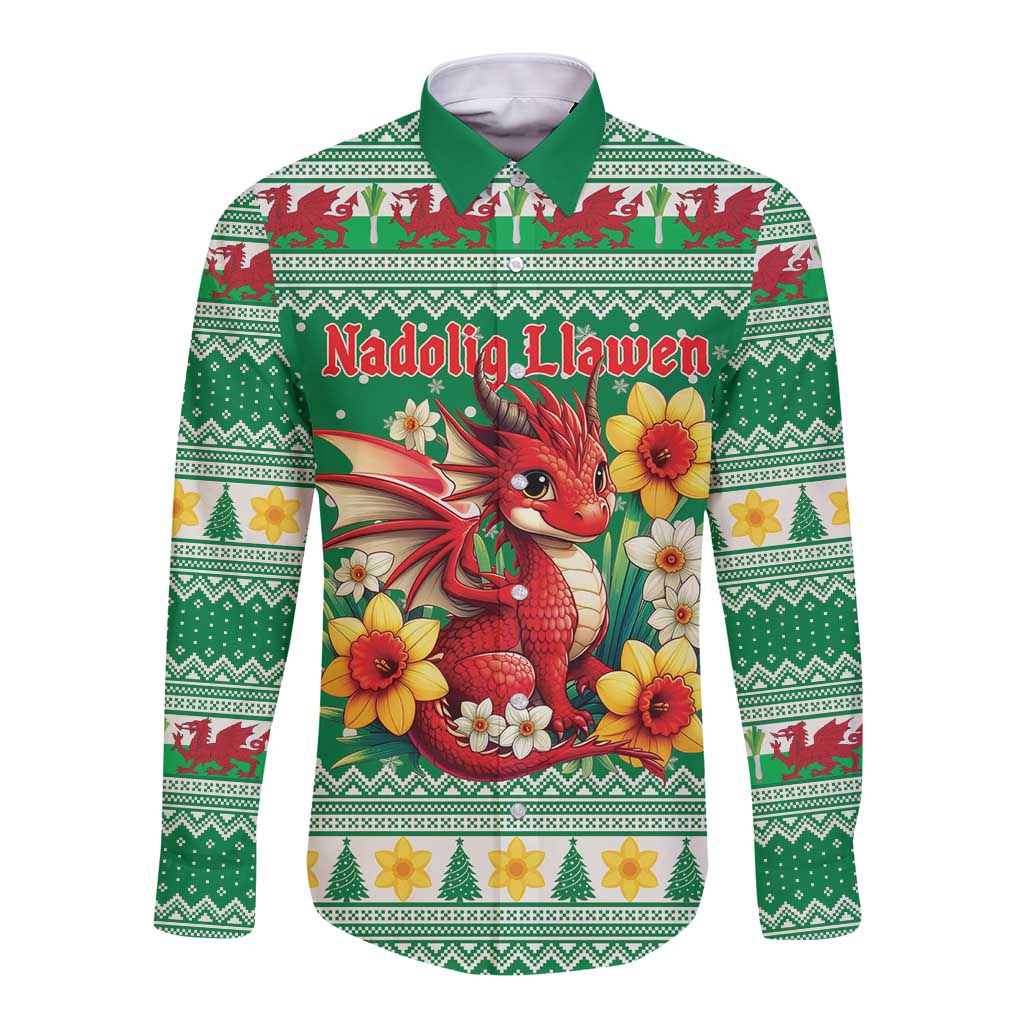 Personalized Wales Christmas Long Sleeve Button Shirt Cute Red Welsh Dragon and Daffodils - Wonder Print Shop