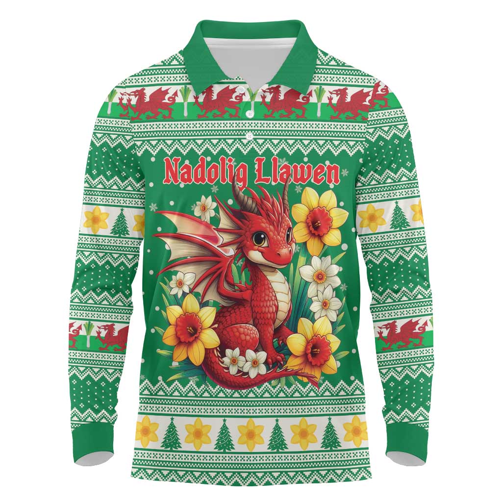 Personalized Wales Christmas Long Sleeve Polo Shirt Cute Red Welsh Dragon and Daffodils - Wonder Print Shop