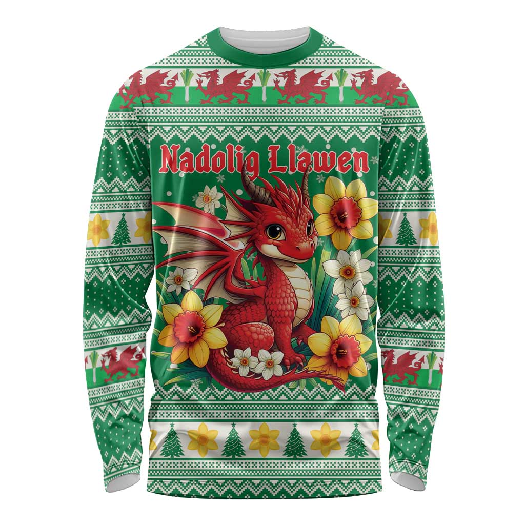 Personalized Wales Christmas Long Sleeve Shirt Cute Red Welsh Dragon and Daffodils - Wonder Print Shop
