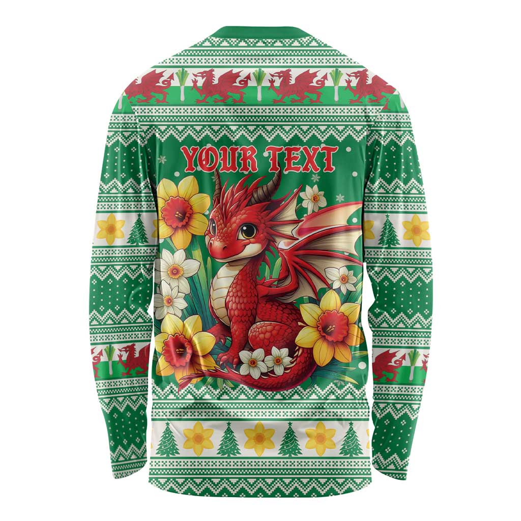Personalized Wales Christmas Long Sleeve Shirt Cute Red Welsh Dragon and Daffodils - Wonder Print Shop