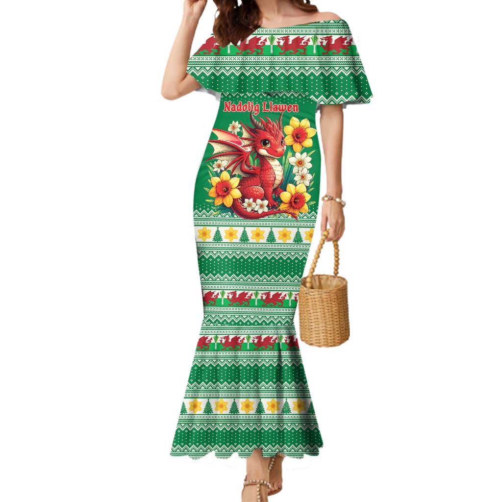 Personalized Wales Christmas Mermaid Dress Cute Red Welsh Dragon and Daffodils - Wonder Print Shop